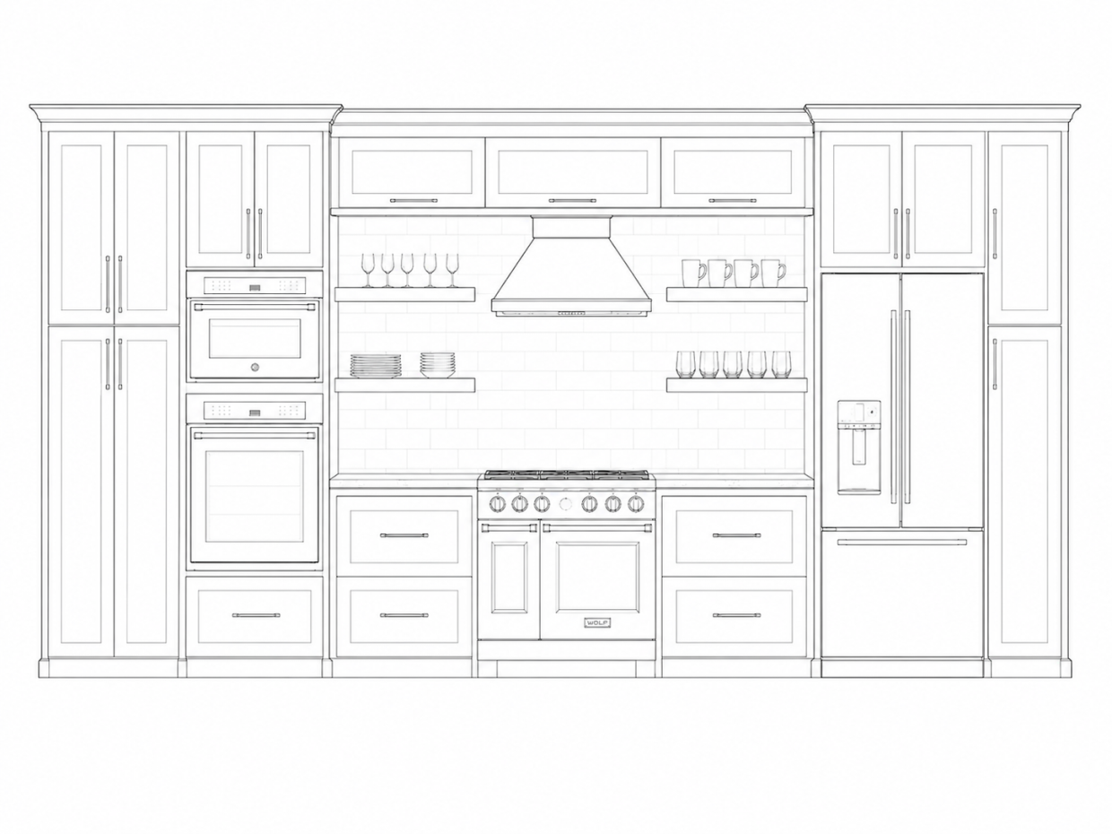 Architectural elevation sketch of the same kitchen wall, drawn before the build
