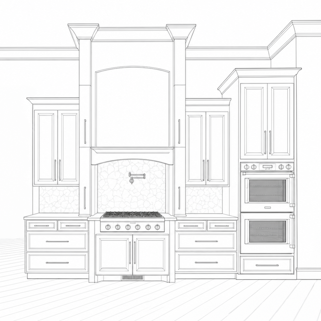 Architectural CAD sketch of the Oxmoor kitchen range wall before construction